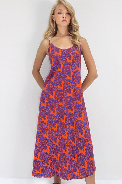 Trend Alaçatı Stili Rochie de damă albastru-portocaliu cu curea de frânghie multicoloră, lungime midi, țesută din viscoză ALC-X14197