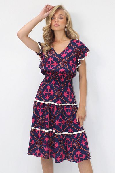 Trend Alaçatı Stili Women's Navy Blue V-Neck Ethnic Patterned Fisto Detailed Waist Gipeli Woven Dress Alc-X14094