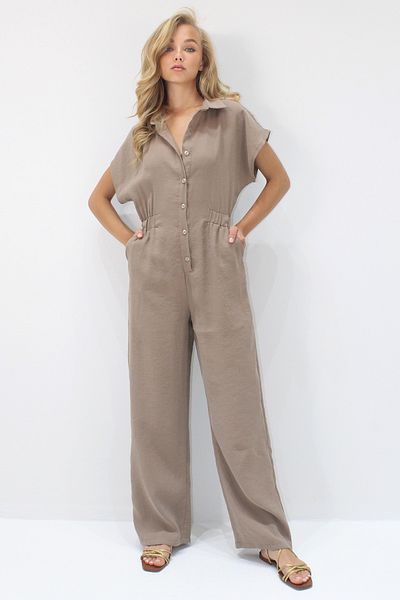 Trend Alaçatı Stili Damen-Overall aus Milchkaffee-Stoff mit Hemdkragen und Knöpfen, Doppeltaschen, Tensel-Stoff, ALC-X14211