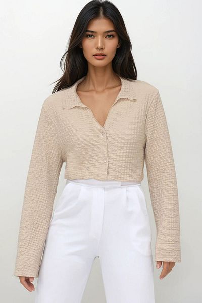 Trend Alaçatı Stili Women's Beige V-Neck Spanish Sleeve Seersucker Summer Shirt Alc-X13459