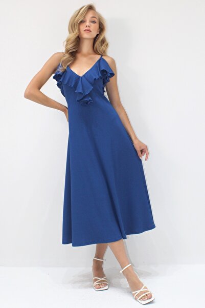 Trend Alaçatı Stili Kadın Petrol Mavi Yakası Volanlı Askılı Midi Boy Elbise ALC-X14239