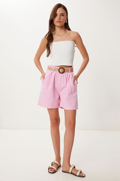 Happiness İstanbul Women's Pink Straw Belted Linen Shorts Bv00131