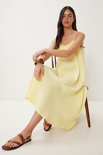 Happiness İstanbul Dámské letní mušelínové šaty se žlutým střapcem BV00152