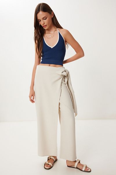 Happiness İstanbul Women's Stone Skirt Look Tie Detailed Linen Trousers Bv00145