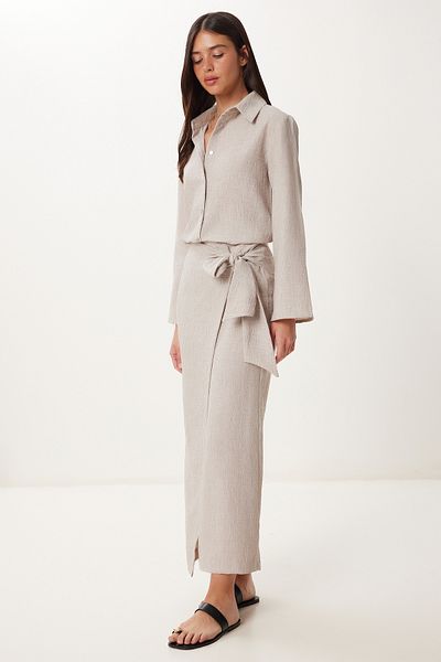 Happiness İstanbul Women's Beige Linen Shirt Skirt Suit Fn03475
