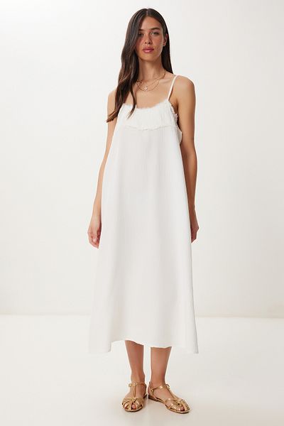 Happiness İstanbul Women's Ecru Tassel Strap Summer Muslin Dress Bv00152