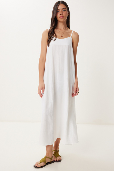 Happiness İstanbul Women's White Strap Summer Tensel Dress Bv00155