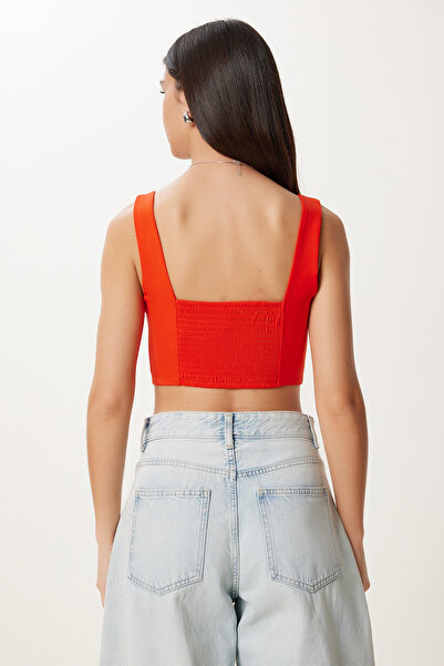Happiness İstanbul Orange-dunkelblaue zweiteilige gewebte Crop-Bluse mit Trägern für Damen MX00220