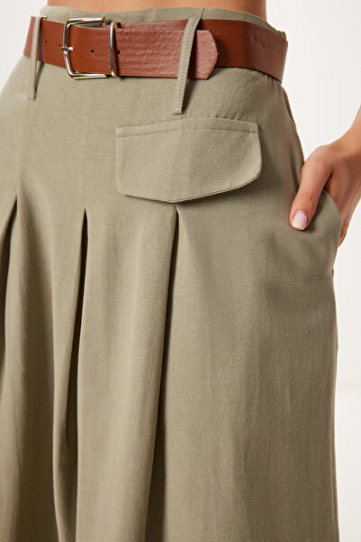 Happiness İstanbul Γυναικεία πράσινη ζωνωτή καλοκαιρινή λινό φούστα BV00161