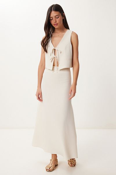 Happiness İstanbul Women's Cream Binding Detailed Linen Vest Skirt Suit Bv00144