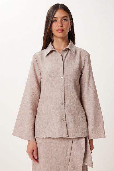 Happiness İstanbul Women's Mink Linen Shirt Skirt Suit Fn03475
