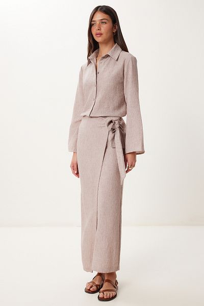 Happiness İstanbul Women's Mink Linen Shirt Skirt Suit Fn03475