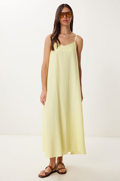 Happiness İstanbul Women's Yellow Strap Summer Tensel Dress Bv00155
