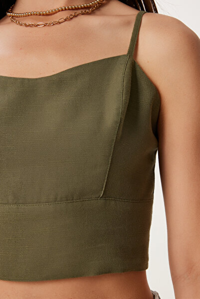 Happiness İstanbul Women's Khaki Strap Crop Linen Blouse Mx00219