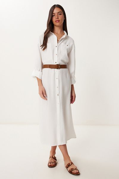 Happiness İstanbul Women's Ecru Belted Modal Shirt Dress Bv00168