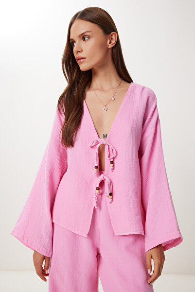 Happiness İstanbul Női rózsaszín fűzős részletes muszlin alsó felső szett BV00171