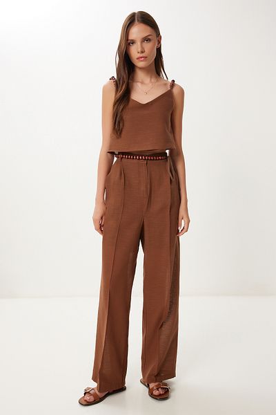 Happiness İstanbul Women's Brown Beaded Detailed Linen Blouse Pants Suit Bv00170