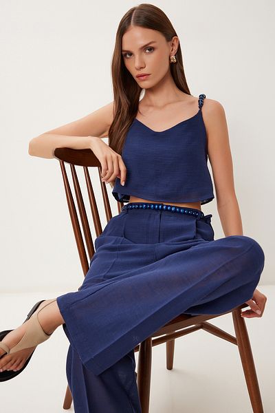 Happiness İstanbul Women's Navy Blue Bead Detailed Linen Blouse Pants Suit Bv00170