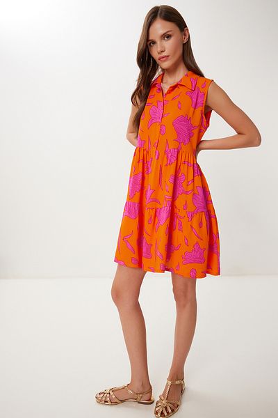 Happiness İstanbul Women's Orange Pink Patterned Flounced Summer Viscose Dress İy00002