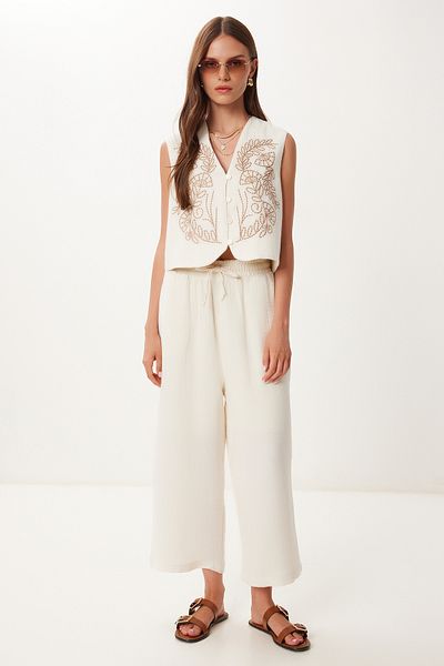 Happiness İstanbul Women's Cream Embroidery Embroidered Linen Vest Pants Suit No00023