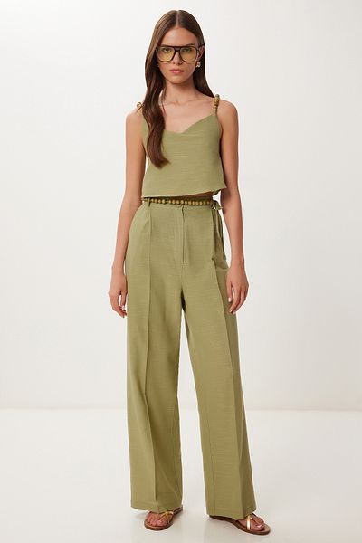 Happiness İstanbul Women's Khaki Bead Detailed Linen Blouse Pants Suit Bv00170