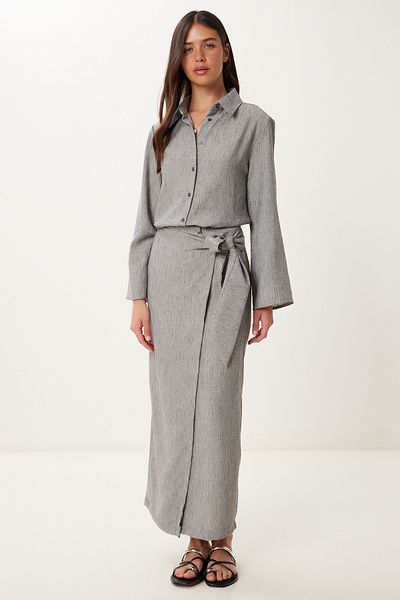 Happiness İstanbul Women's Gray Linen Shirt Skirt Suit Fn03475
