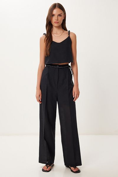 Happiness İstanbul Women's Black Bead Detail Linen Blouse Pants Suit Bv00170