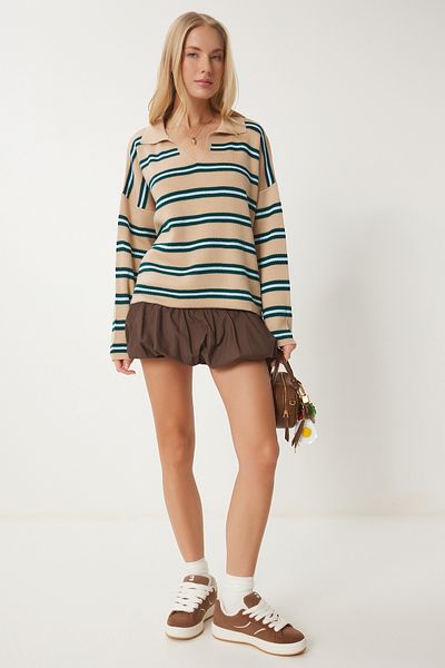 Happiness İstanbul Women's Biscuit Polo Neck Striped Sweater Us00999