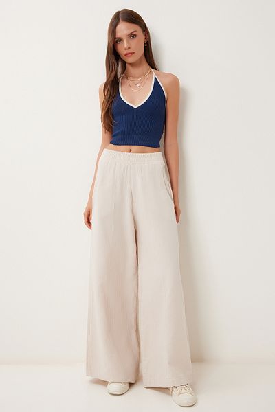 Happiness İstanbul Women's Cream Pocket Wide Leg Linen Trousers Bv00172