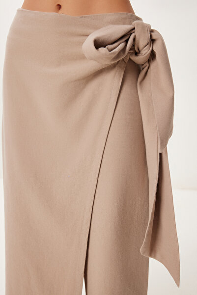 Happiness İstanbul Women's Mink Skirt Look Tie Detailed Linen Trousers Bv00145