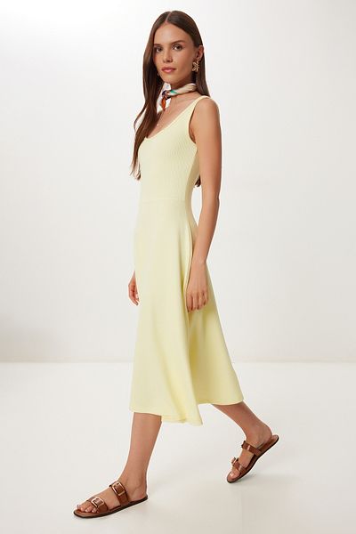 Happiness İstanbul Women's Yellow Strap Summer Ribbed Knitted Midi Dress Dz00130
