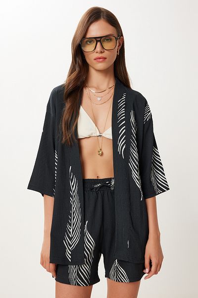 Happiness İstanbul Women's Black Bone Patterned Crinkle Knitted Kimono Shorts Set İy00004