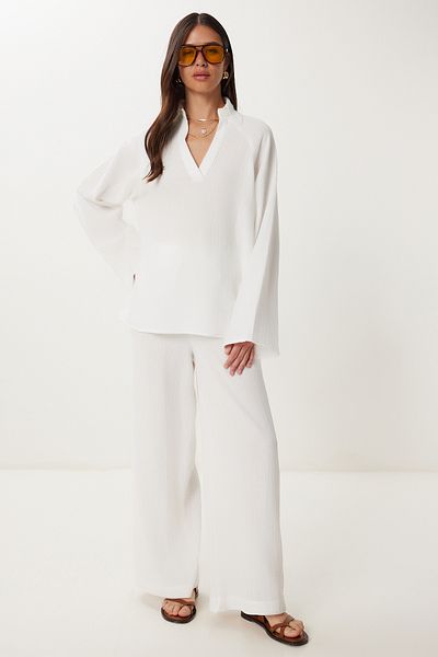 Happiness İstanbul Women's Ecru Muslin Blouse Trousers Set Fn03470