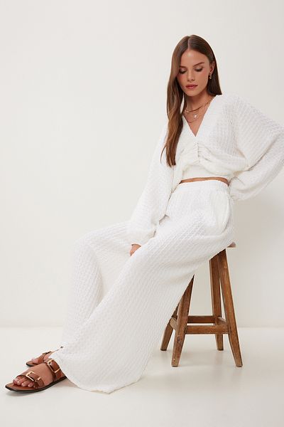Happiness İstanbul Women's Ecru Textured Blouse Pants Set Rv00214