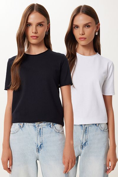 Happiness İstanbul Women's Black White 2 Pack Basic Cotton Knitted T-Shirt Ub00403