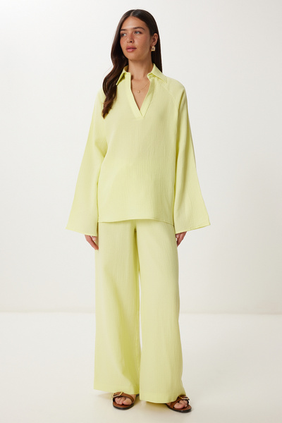 Happiness İstanbul Women's Yellow Muslin Blouse Pants Set Fn03470
