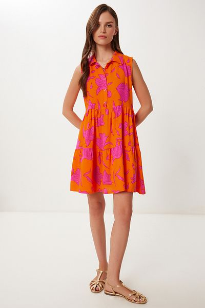 Happiness İstanbul Women's Orange Pink Patterned Flounced Summer Viscose Dress İy00002