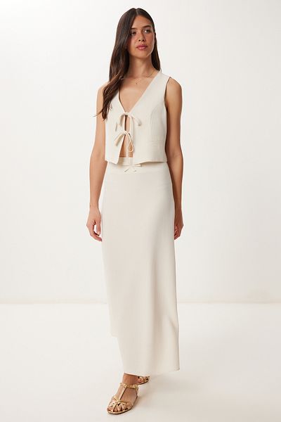 Happiness İstanbul Women's Cream Binding Detailed Linen Vest Skirt Suit Bv00144