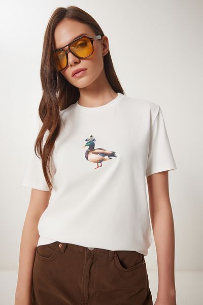 Happiness İstanbul Women's Ecru Stone Detailed Embroidered Cotton Knitted T-Shirt Cr00521
