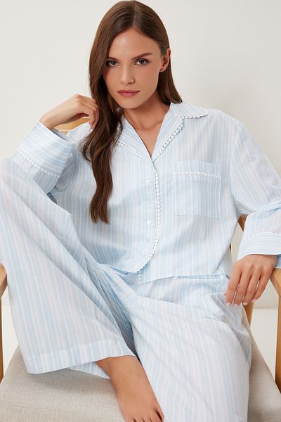 Happiness İstanbul Women's Sky Blue Bone Striped Woven Shirt Pants Suit Fn03471