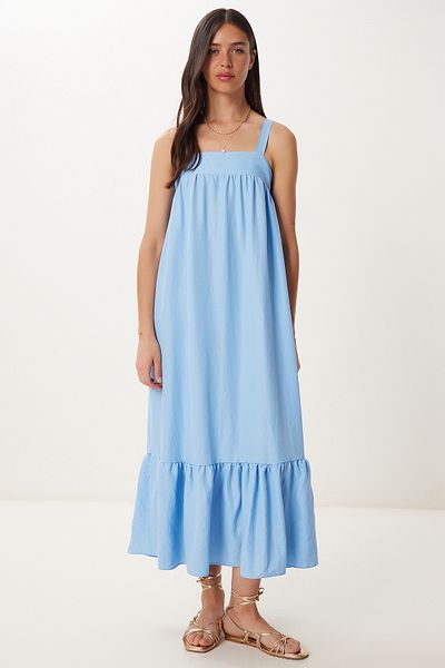 Happiness İstanbul Rochie de vară cu volan cu bretele albastre pentru femei BV00154