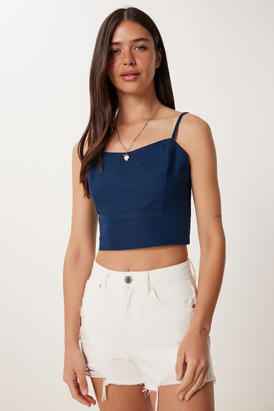 Happiness İstanbul Women's Navy Blue Strap Crop Linen Blouse Mx00219