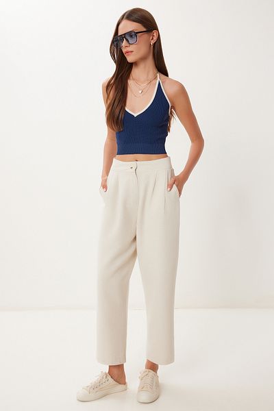 Happiness İstanbul Women's Cream Pocket Linen Baggy Trousers Bv00164