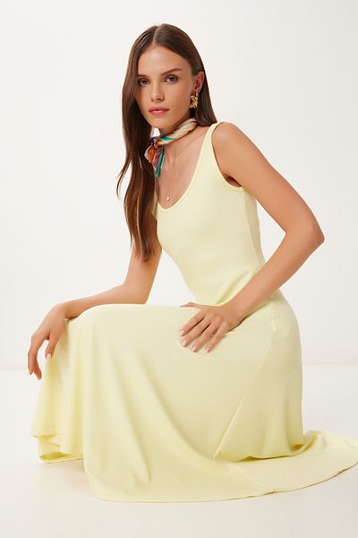 Happiness İstanbul Women's Yellow Strap Summer Ribbed Knitted Midi Dress Dz00130