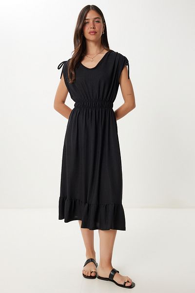 Happiness İstanbul Women's Black Flounced Summer Midi Crinkle Knitted Dress Zv00333