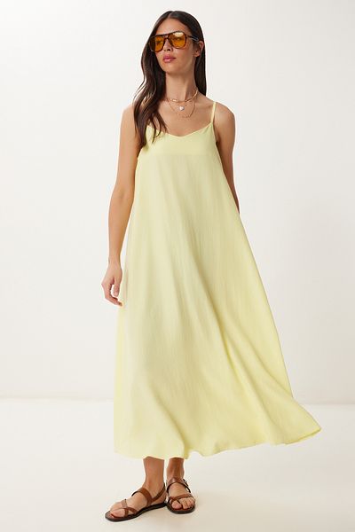 Happiness İstanbul Women's Yellow Strap Summer Tensel Dress Bv00155