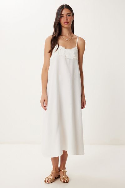 Happiness İstanbul Women's Ecru Tassel Strap Summer Muslin Dress Bv00152