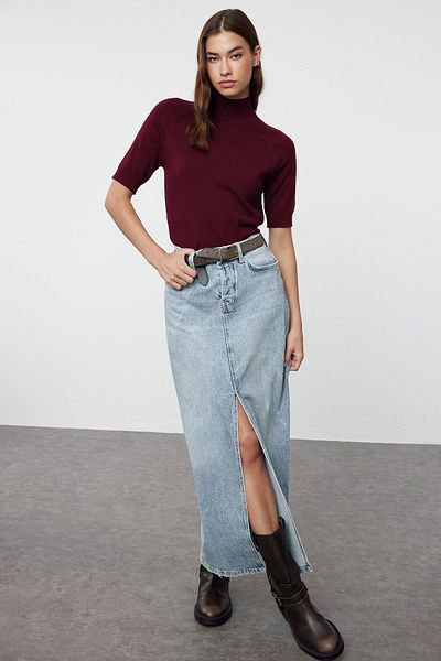 Trendyol Collection Bluză de tricotaj subțire de bază din fire premium cu aspect mercerizat burgundă TWOAW24BZ00005