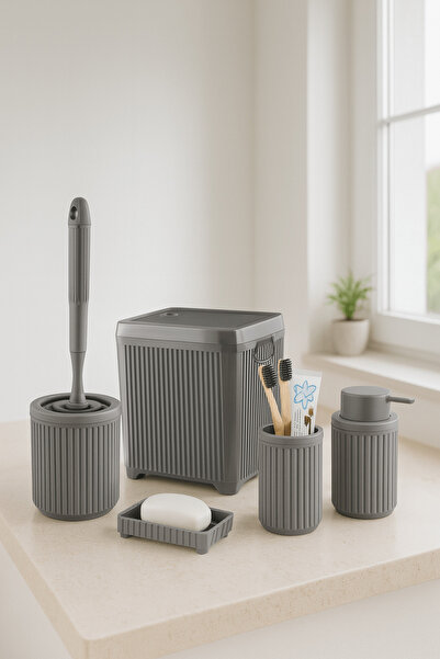 Sas Haus Lines Serisi Gri Banyo Seti, 5 Parça Akrilik 5 Litre Çöp Kovası, Sab...