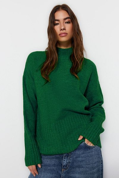 Trendyol Collection Zöld, széles szabású, puha textúrájú alap kötöttáru pulóver TWOAW23KZ00490